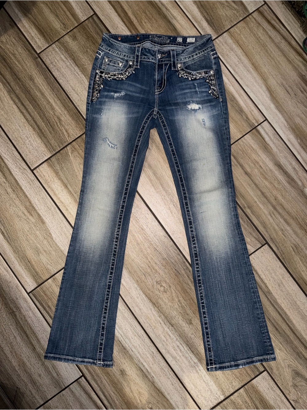 Miss Me Distressed Dark Blue Flare Jeans with Beaded Pocket Trim